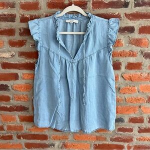 LOFT Light Blue Chambray Ruffle-Trim Split-Neck Top